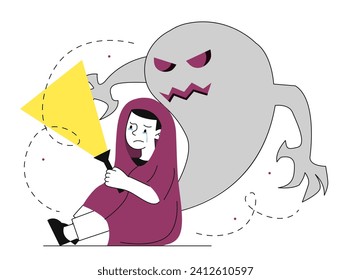 Girl with fears linear concept. Child with flashlight near scary ghost. Kid with imagination. Mental and psychological disorder. Doodle flat vector illustration isolated on white background