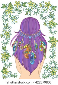 Girl with feathers in her hair and floral pattern, hippie style, line art. Vector.