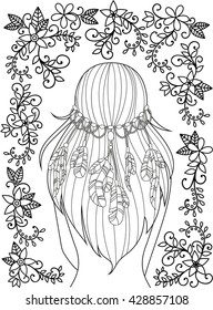 Girl and feathers in her hair   floral ornament  hippie style  line art  Pattern for coloring book for adults  Vector 