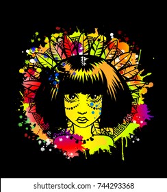 Girl with feathers on his head. Bright splashes of paint.