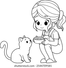 Página para colorear del gato de la alimentación de la muchacha para kids.Ilustración vectorial aislada en el fondo blanco