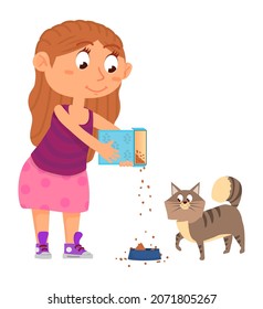 Girl feeding cat. Kid pouring food in pet bowl