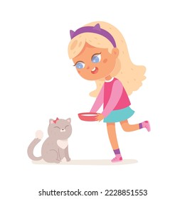 Girl feeding cat vector illustration. Cartoon isolated kid holding plate of milk to feed fluffy cute kitten with bow, young pet owner character running and carrying food for happy domestic animal