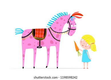 Girl Feeding Circus Horse with Carrot. Funny little kid girl feeding a horse. Vector cartoon.