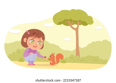 Girl feeding cute squirrel vector illustration. Cartoon kid holding nut to feed forest little fluffy animal, adorable child playing, sitting and giving food to funny pet with fluffy tail in nature.