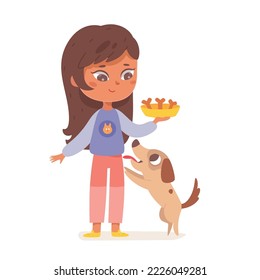 Girl feeding dog vector illustration. Cartoon isolated kid holding plate of bones to feed cute fluffy purebred puppy, happy adorable little pet jumping with funny tongue out and playing near child