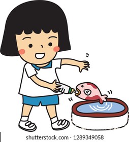 girl is feeding fish