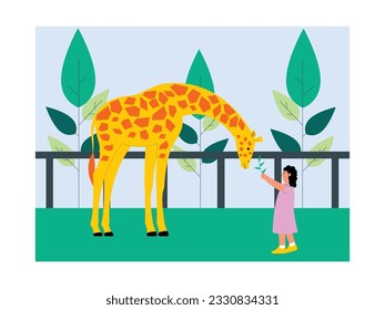 Girl feeding a giraffe, holding a leaf in front of the long neck animal, zoo vector illustration.