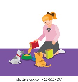girl feeding her pet puppy and kitten flat cartoon illustration vector design