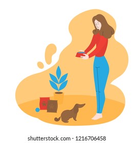 Girl Is Feeding Homeless Dog In Animal Shelter. Cartoon Volunteer Woman Donate Food. Charity And Volunteering. Puppy Diet, Healthy Nutrition Vector Illustration