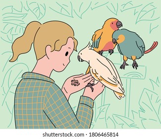 A girl is feeding a parrot on her hand. A couple of parrots are sitting in front. hand drawn style vector design illustrations. 