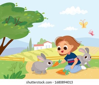 Girl feeding rabbits. Pets care. Summer background with farm building.