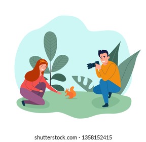 Girl feeding a squirrel in the park.  Man photographing a girl. Vector flat style illustration