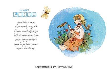 A girl feeds a bird cherry. Hand drawing illustration. Card design