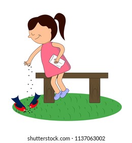 The girl feeds the birds on the bench. Vector illustration for your design