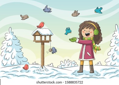 Girl feeds birds in winter. Hand drawn vector illustration with separate layers.