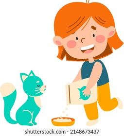 The girl feeds the cat.