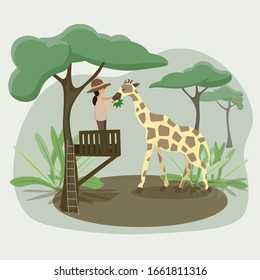 Girl feeds giraffe in wild nature.