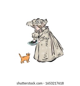 Girl Feeds Kitten. Child Dressed In Long Ball Dress And Broad-brim Hat In Vintage Style From The Nineteenth Century. 