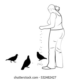 A girl feeds pigeons. Simple vector illustration