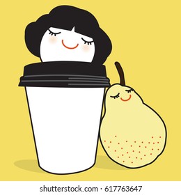 Girl Feel Chilling In A Cup Of Hot Latte While Leaning On A Cute Pear Concept Card Character illustration