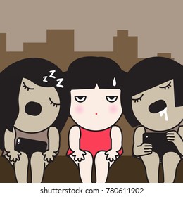 Girl Feeling Bored When Complete Strangers Fall Asleep On Her On The Subway Train Concept Card Character illustration