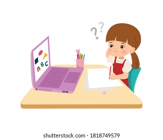 Girl feeling confused and thinking. Cute kid doing his homework. Study online class while pandemic era corona virus. Flat style vector.