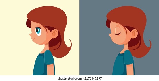 
Girl Feeling Depressed After Being Happy Vector Cartoon Illustration. Child experiencing different moods due to traumatic experience 
