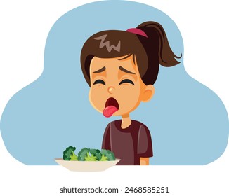 
Chica sintiendo asco con brócoli en la Ilustración vectorial de la hora de la comida. Comedor quisquilloso descontento con el sabor de las verduras 
