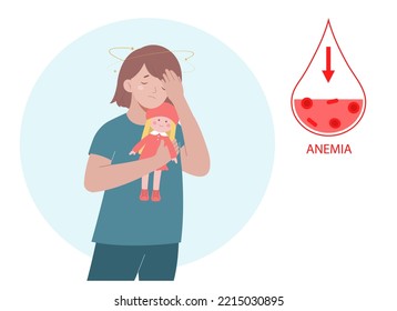 Girl Feeling Dizzy And Nauseated. Little Girl Suffers From Anemia And Low Hemoglobin. Vector Illustration
