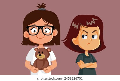 
Girl Feeling Envious of her Friend Getting a Gift Vector Illustration
Little child holding a grudge against her bigger sister having a fight 
