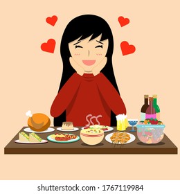 a girl feeling happy and excited to see a lot of food in front of her face vector