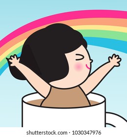 Girl Feeling Happy Like Coffee Adding Rainbow To Her Life Concept Card Character illustration