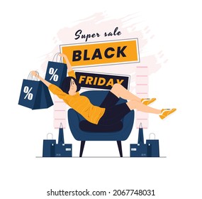 A girl feeling happy with online, purchase, shopping on Black friday concept illustrations