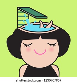 Girl Feeling Herself Jumping Into Pool Water In Her Own Head. Concept Of Summer Mood Card Character illustration.