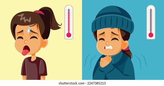 Girl Feeling Hot and Cold in Different Weather and Temperatures. Unhappy child experiencing extreme seasons suffering during winter and summer
