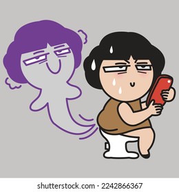 Girl Feeling More Relieved After Passing Her Own Spirit fart Gas On Toilet Concept Card Character illustration