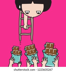 Girl Feeling Pity And Regret To Leave Bars Of Chocolate. Concept Of Weight Watcher Card Character illustration