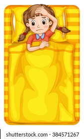 Girl feeling sick in bed illustration