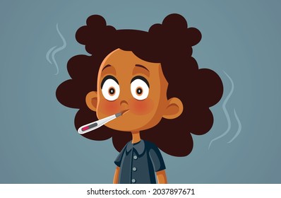 Girl Feeling Sick And Feverish Vector Cartoon. Child Feeling Unwell Having High Fever And Chills
