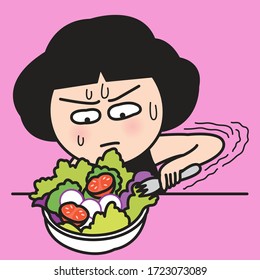 Girl Feeling Stressed About Eating Healthy Salads. Vegan and Plant-Based Diets Food Concept Card Character illustration