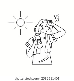 A girl feeling the summer heat while drinking a bottle of water, wiping sweat from her forehead, illustrated in a simple doodle-style with expressive lines.