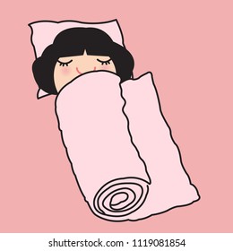 Girl Feeling Warm And Cozy While Rolling In Blanket On Bed Concept Card Character illustration