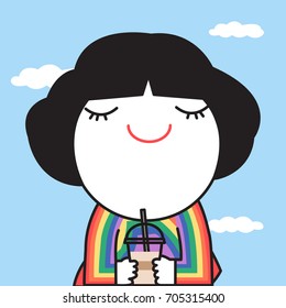 Girl Feels Good Like A Rainbow In The Sky While Having A Coffee Drink Concept Card Character illustration