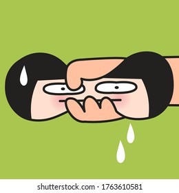Girl Feels Like Someone's Hands Squeezing Her Skull Head. Tension Or Stress Headaches Concept Card Character illustration