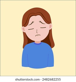 A girl feels sick, weak, and sad cartoon
