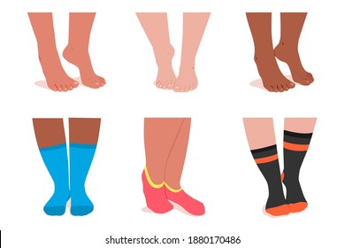 Girl feet in socks vector cartoon set isolated on a white background.