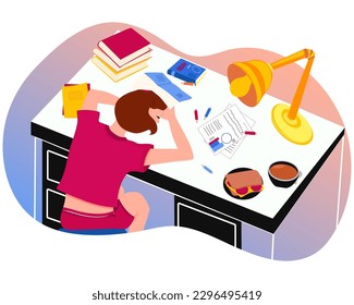 The girl fell asleep on the desktop while reading a book, a student or teenager is tired of learning something, vector