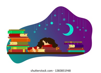 The girl fell asleep for study. Stack of books. The night before the exam. Stars and moon. Dark gradient background.