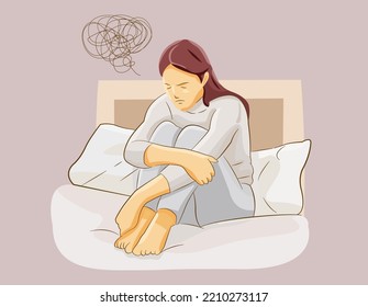 girl felling sad regretting distress alone in bed unable to think clearly